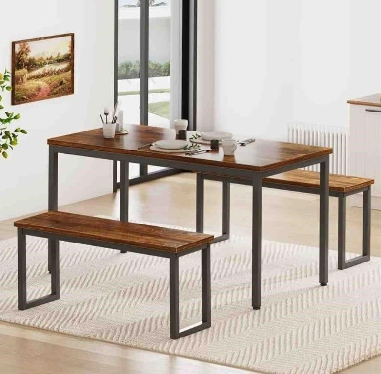 SogesPower 3 Piece Dining Table Set Dining Table with 2 Benches Breakfast Table