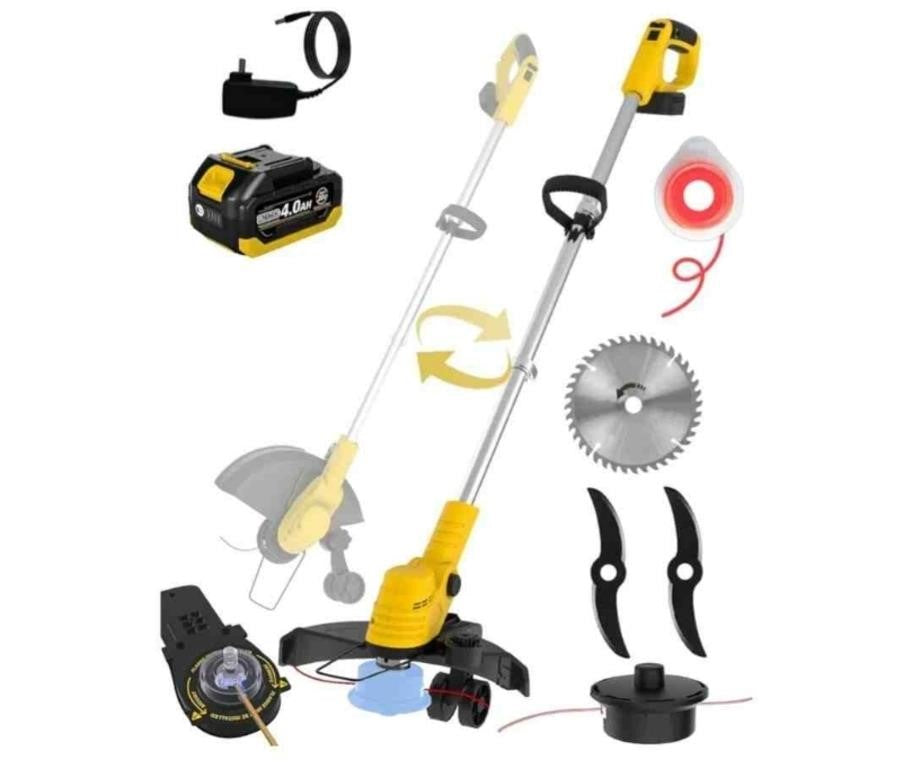 20000 RPM(4.0AhX1) Electric Weed Wacker,Dual-Durable-Line,Metal Blades,Wheel,4-in-1 Battery Powered Weed Eater Cordless+String Trimmer+Edger Lawn Tool+Brush Cutter,Weed Whacker,Weed Trimmer Lawn