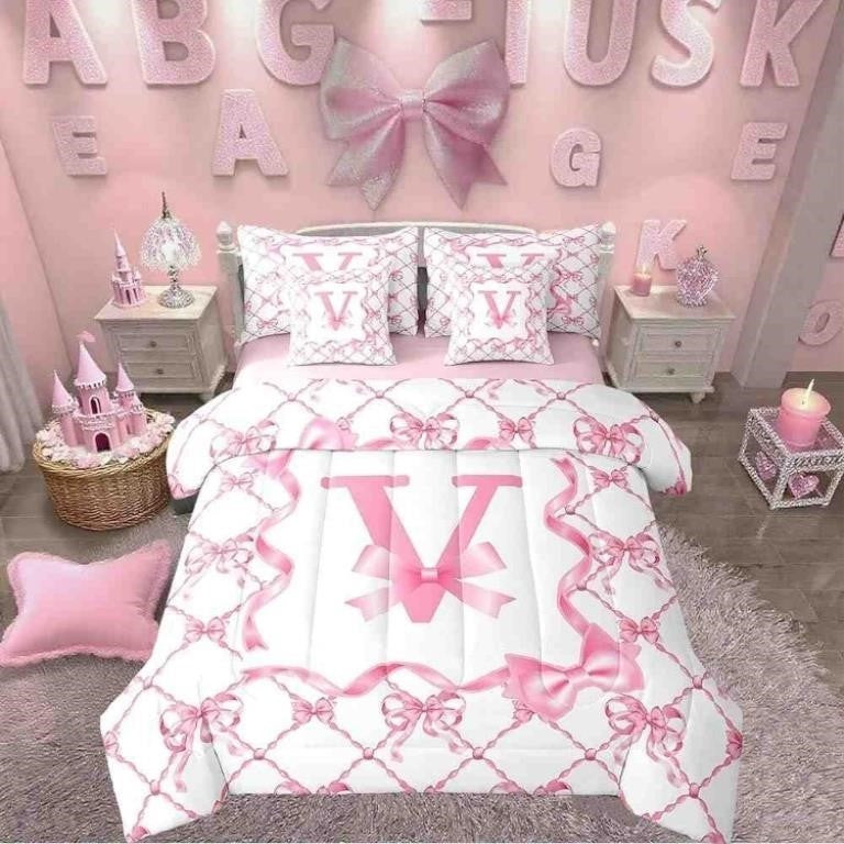 Erosebridal 7Pcs Full Size Cute Preppy Bow Bed, Initial V