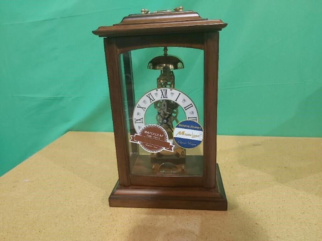 Maple Leaf Mechanical Mantle Fireplace Clock 14x8.