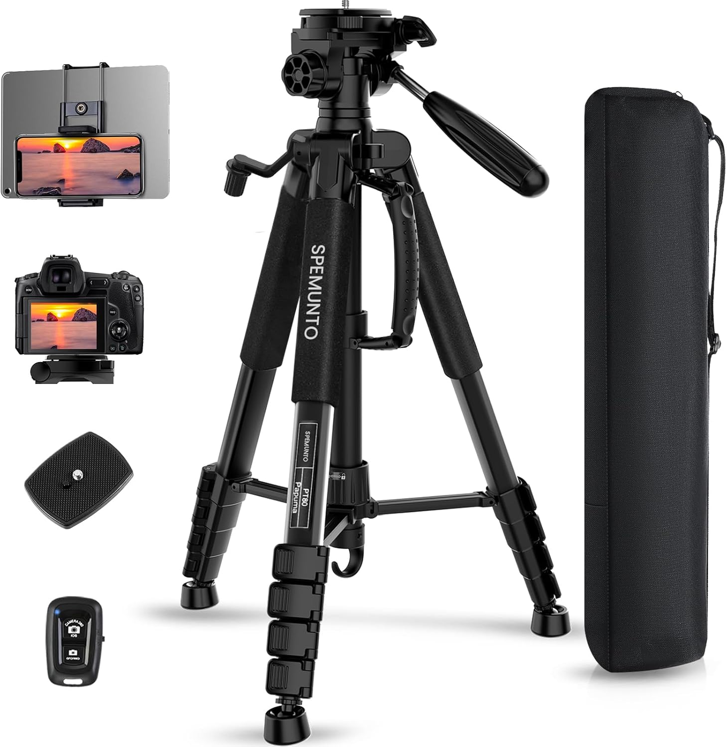 SPEMUNTO 75" Camera Tripod for Cell Phone, Black Porfessional