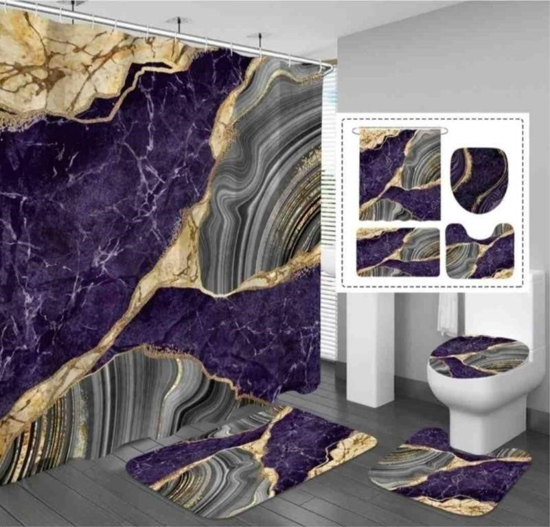 Gibelle 4 Pcs Marble Shower Curtain Set, Bath Mat, Luxury Purple Bathroom Decor Set