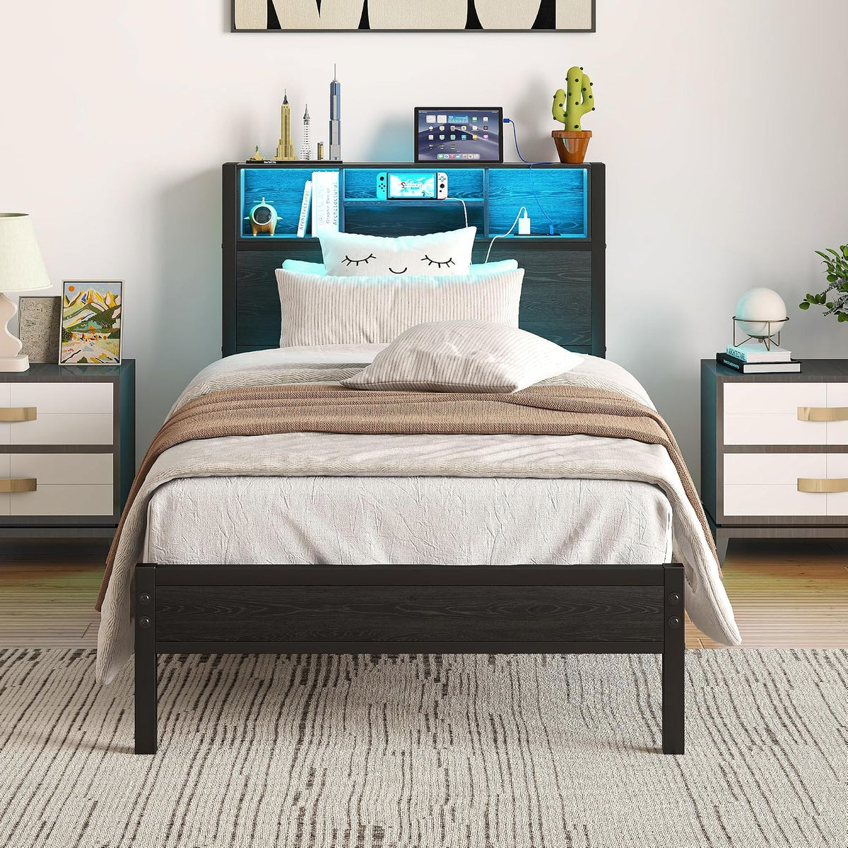 Maliacife Single Bed Frame Twin Size with Storage Headboard, BLACK