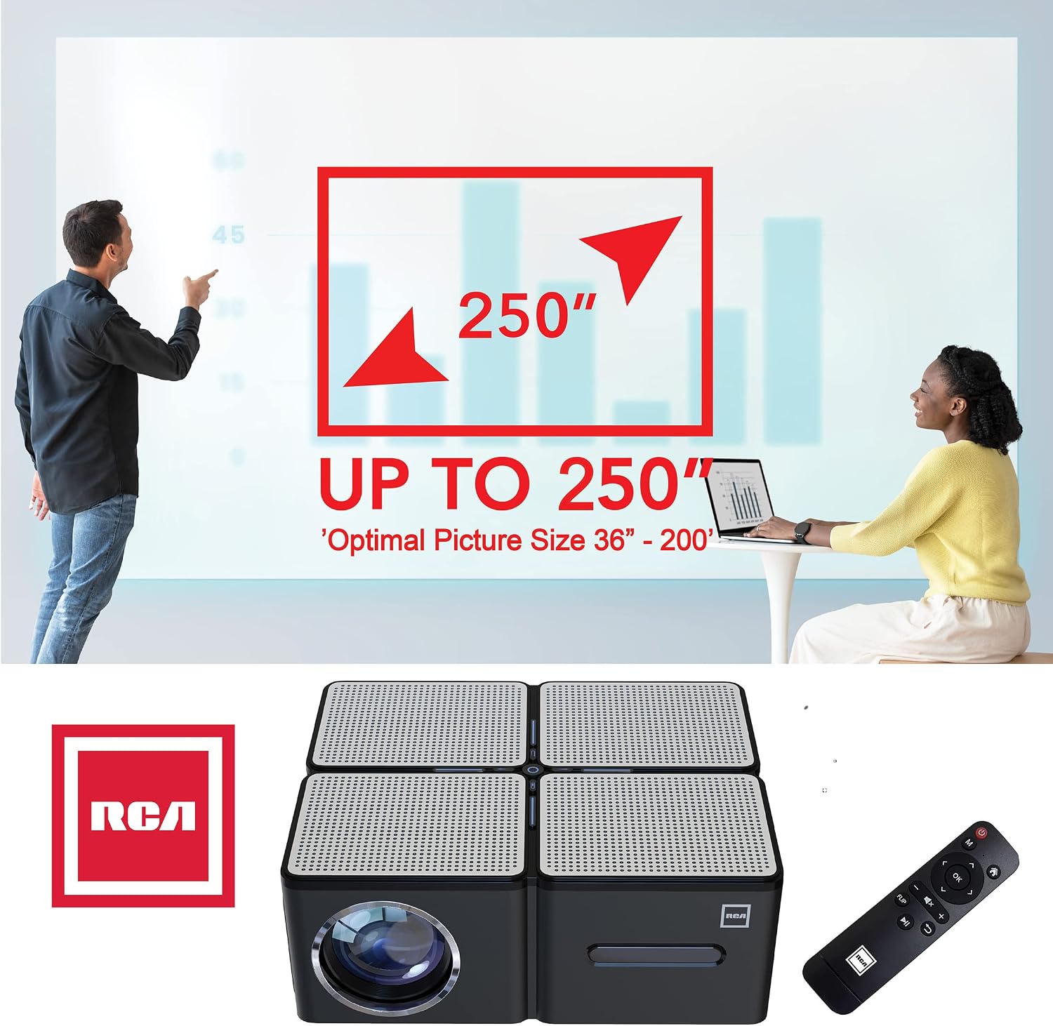 RCA RPJ167 WiFi Bluetooth Projector 4K Supported, Laptop Black