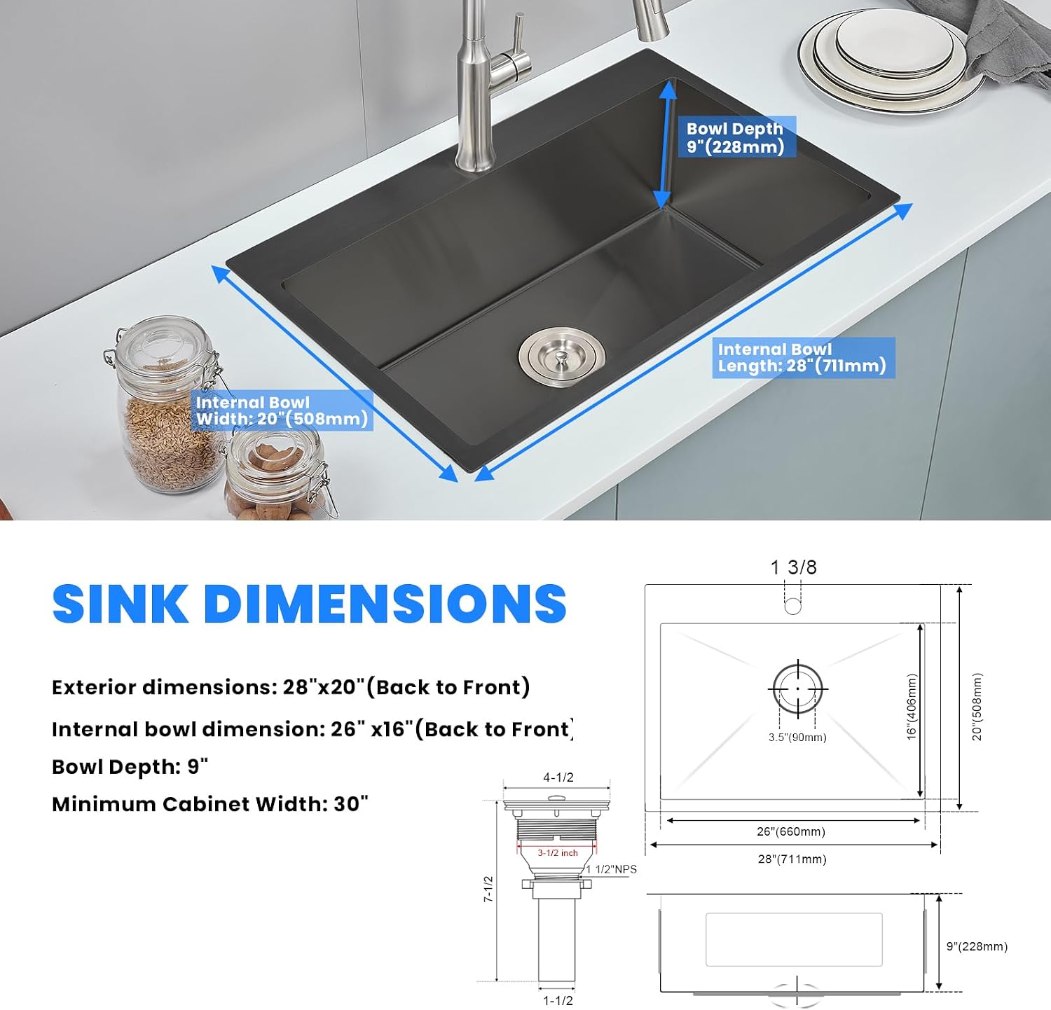 POPFLY Kitchen Sink, 28×20 Inch Drop in 18