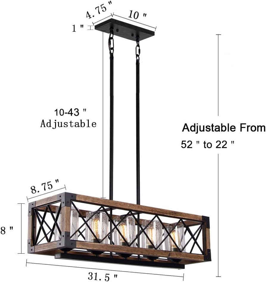 Giluta Rectangle Wood Metal Pendant Light Kitchen, (17810) Rustic Wood 5 Lights