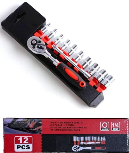 Ratchet Socket Wrench Set, 1/4 Inch with 10 Sockets