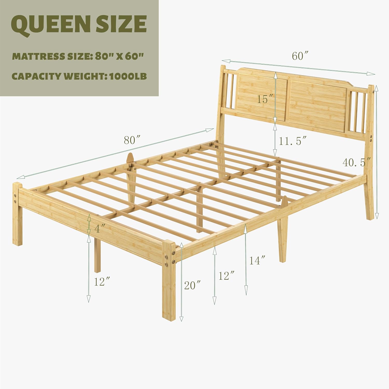 ZIYOO Queen Bamboo Bed Frame, 14 Inch Natural Bamboo Finish