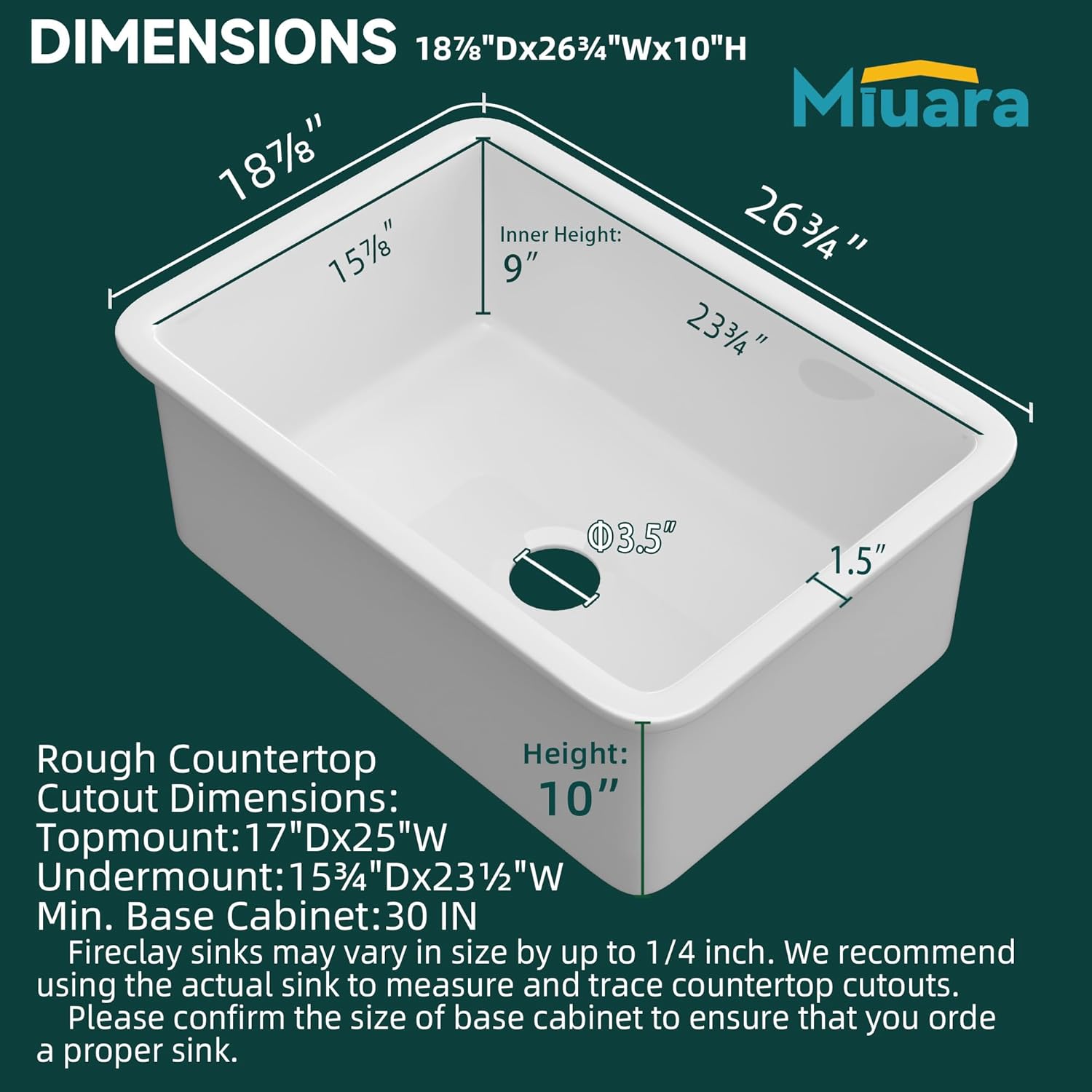 Miuara Undermount Small Single Bowl, MH-271910-W, 27"x 19", White