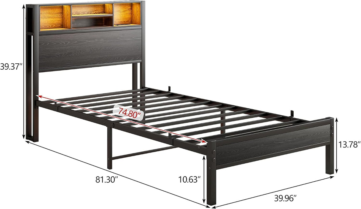 Maliacife Single Bed Frame Twin Size with Storage Headboard, BLACK