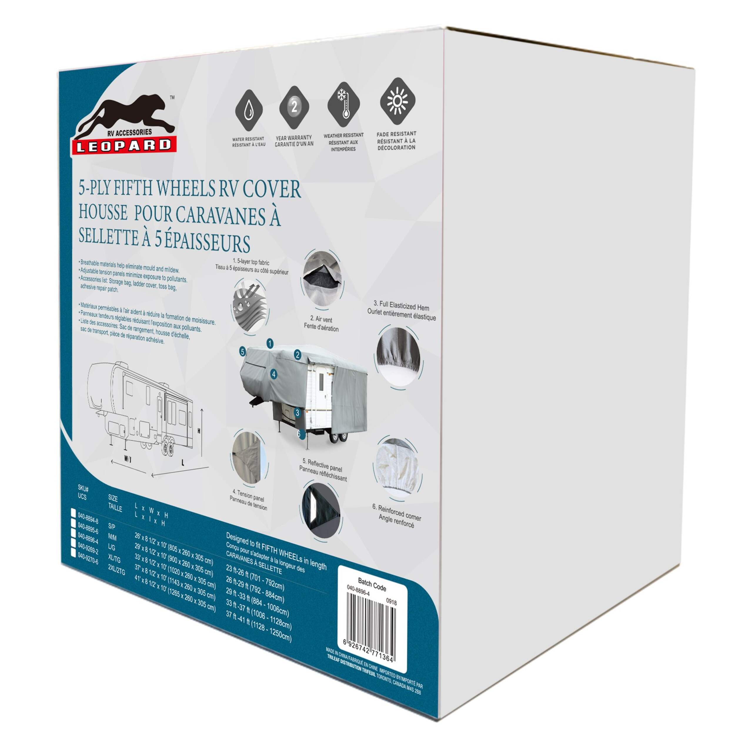 Leopard Premium 4-Ply 5th Wheel RV Cover, fits 23-ft to 26-ft RV, Small Gray