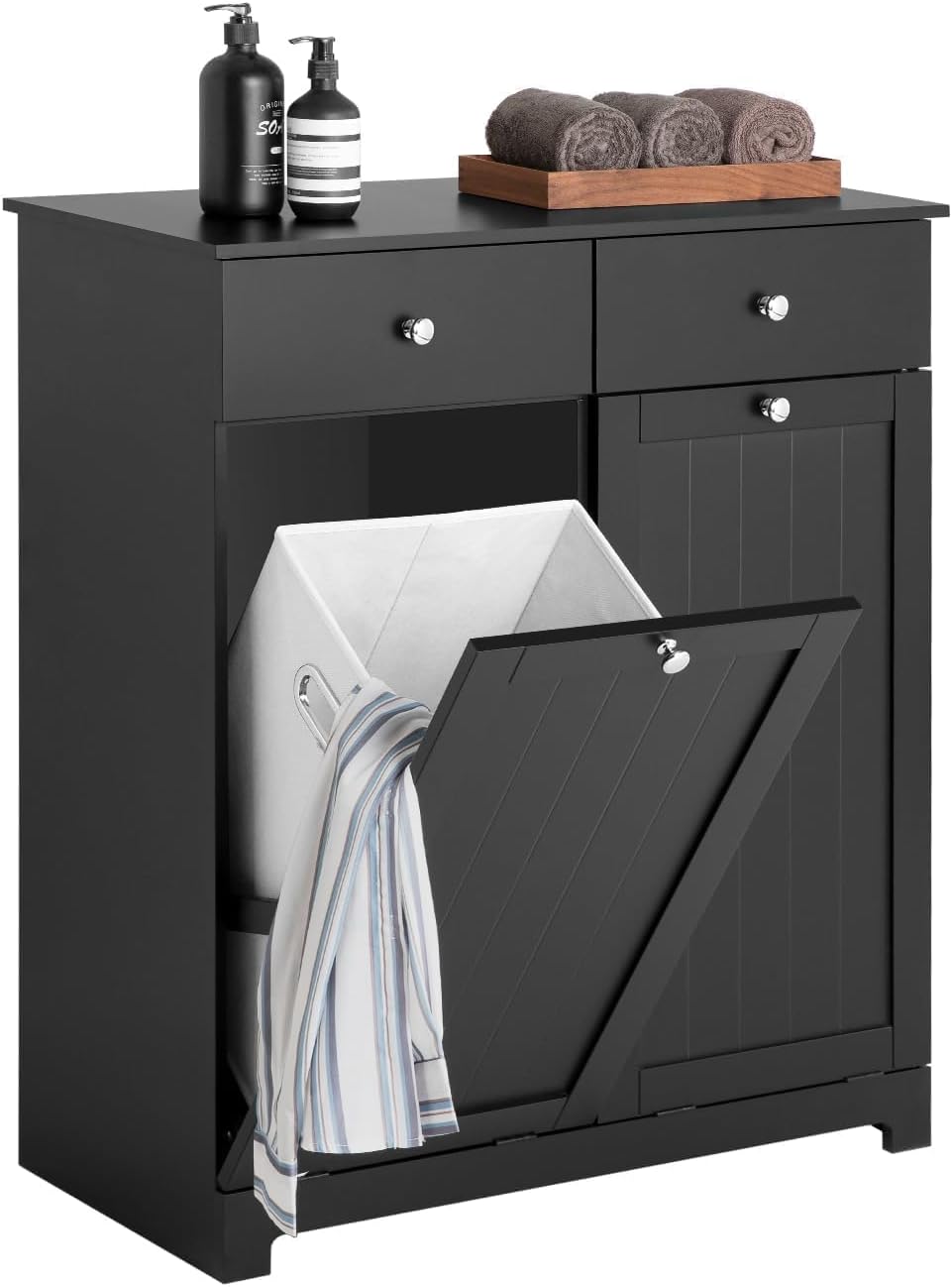 SoBuy Laundry Cabinet with 2 Removable Baskets and Double Drawers, BZR33-SCH, Black