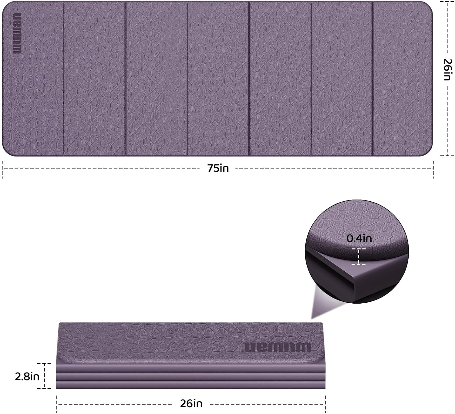 Wuwan Yoga Mat Thick 10mm, Foldable Yoga Mat 75 x 26 x 0.4 Inches, Purple