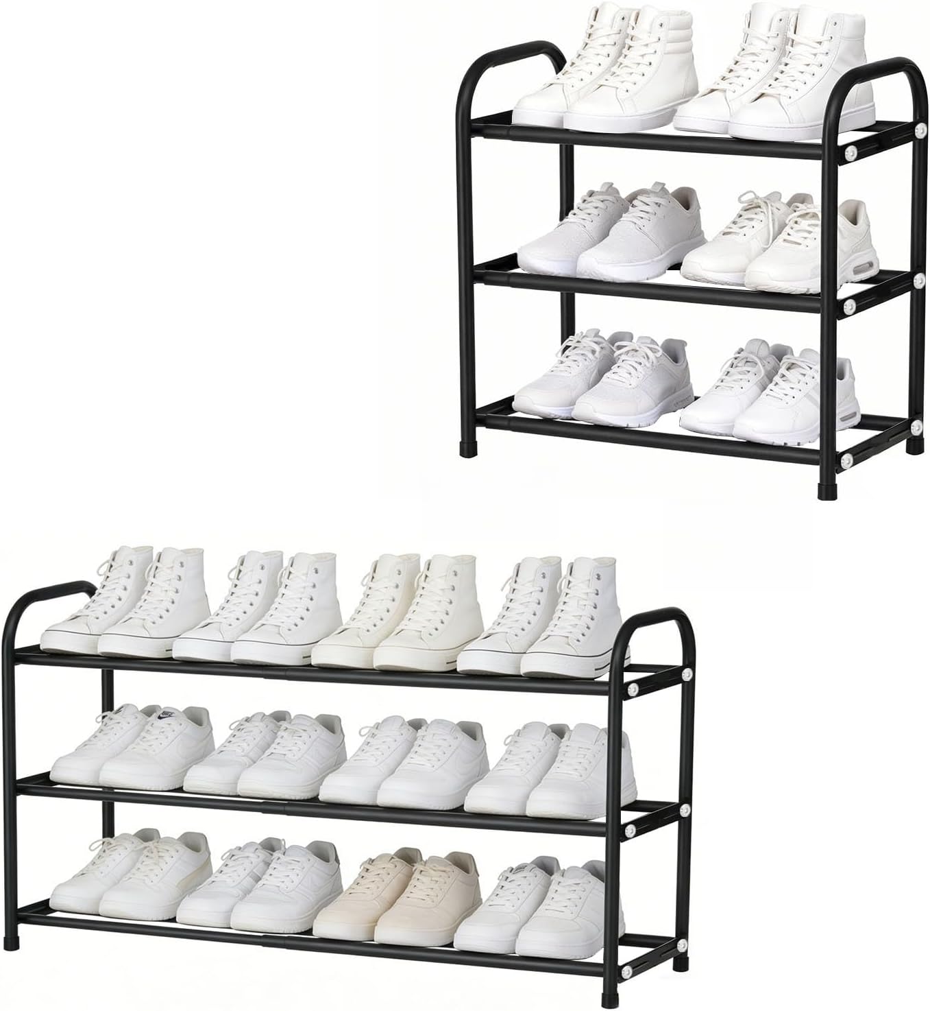 ASULUPHY Black Expandable Shoe Rack, 3 Tier Metal, 17" - 30.7" × 9.5"