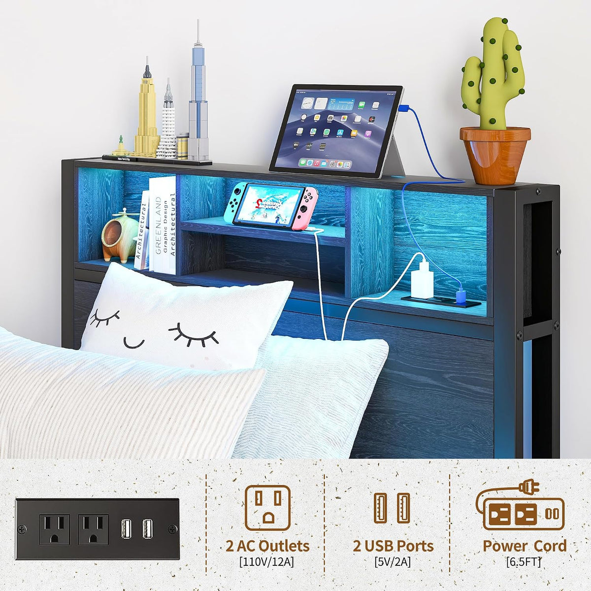 Maliacife Single Bed Frame Twin Size with Storage Headboard, BLACK