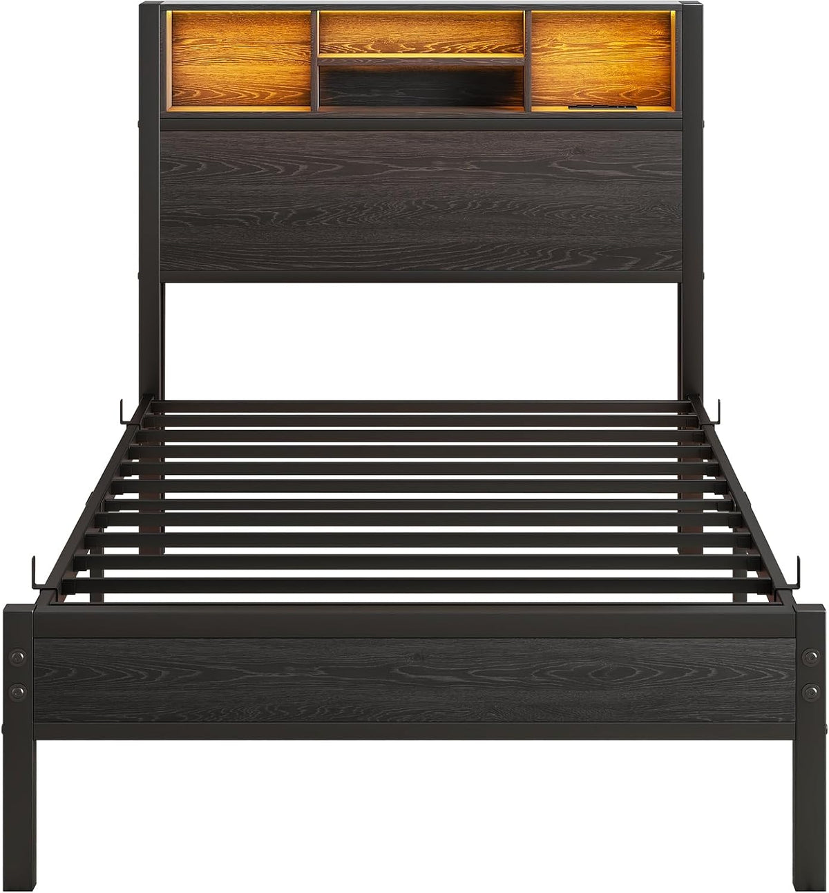 Maliacife Single Bed Frame Twin Size with Storage Headboard, BLACK