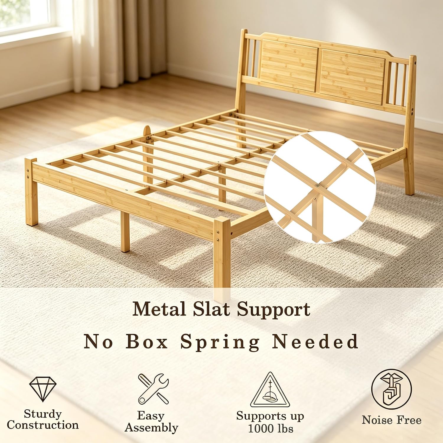 ZIYOO Queen Bamboo Bed Frame, 14 Inch Natural Bamboo Finish