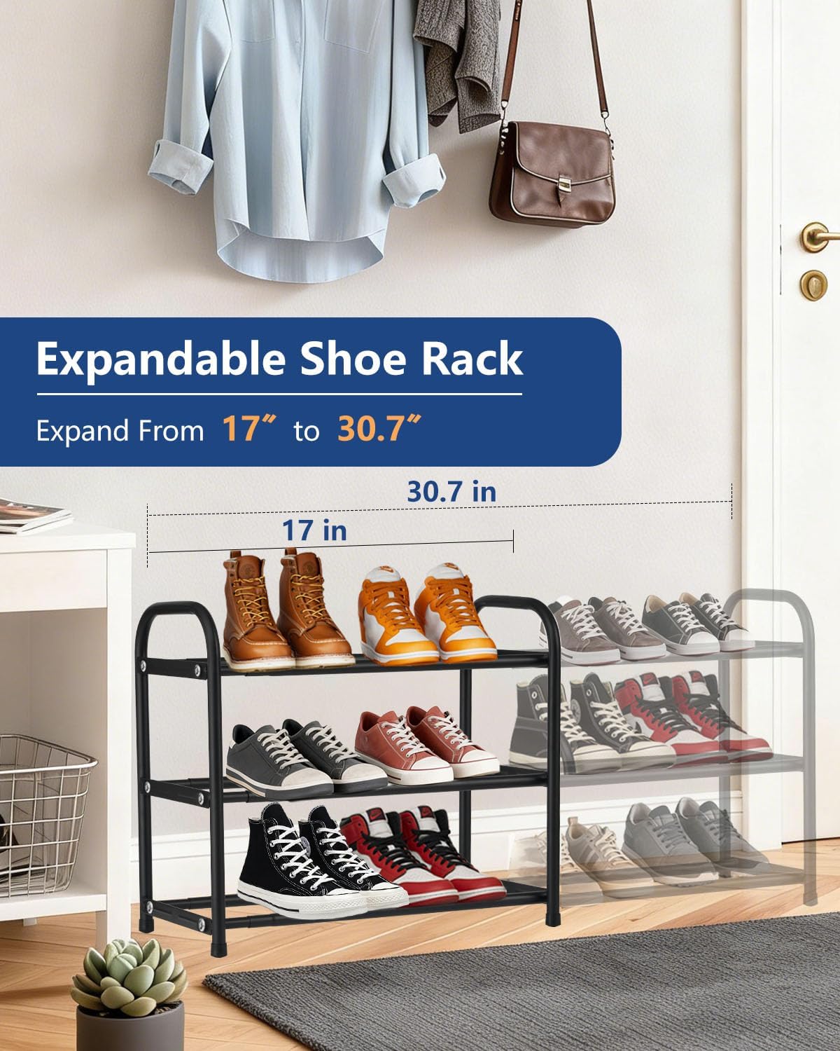 ASULUPHY Black Expandable Shoe Rack, 3 Tier Metal, 17" - 30.7" × 9.5"