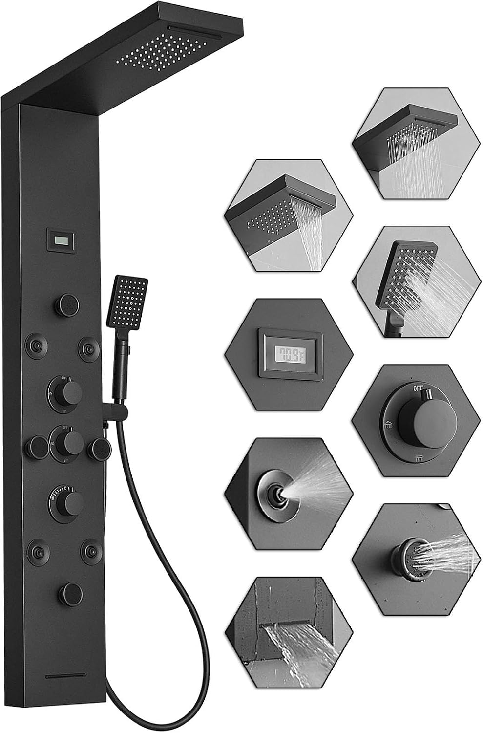 Shower Tower Bathroom Shower Panel System Rain Massage System 6 in 1, Matte Black