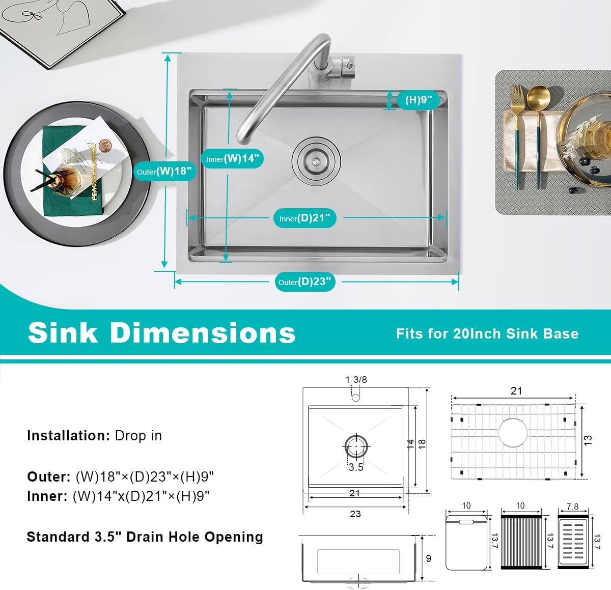 TSIBOMU 23 x 18 Inch Drop in Workstation Kitchen Sink 304 Stainless Steel,