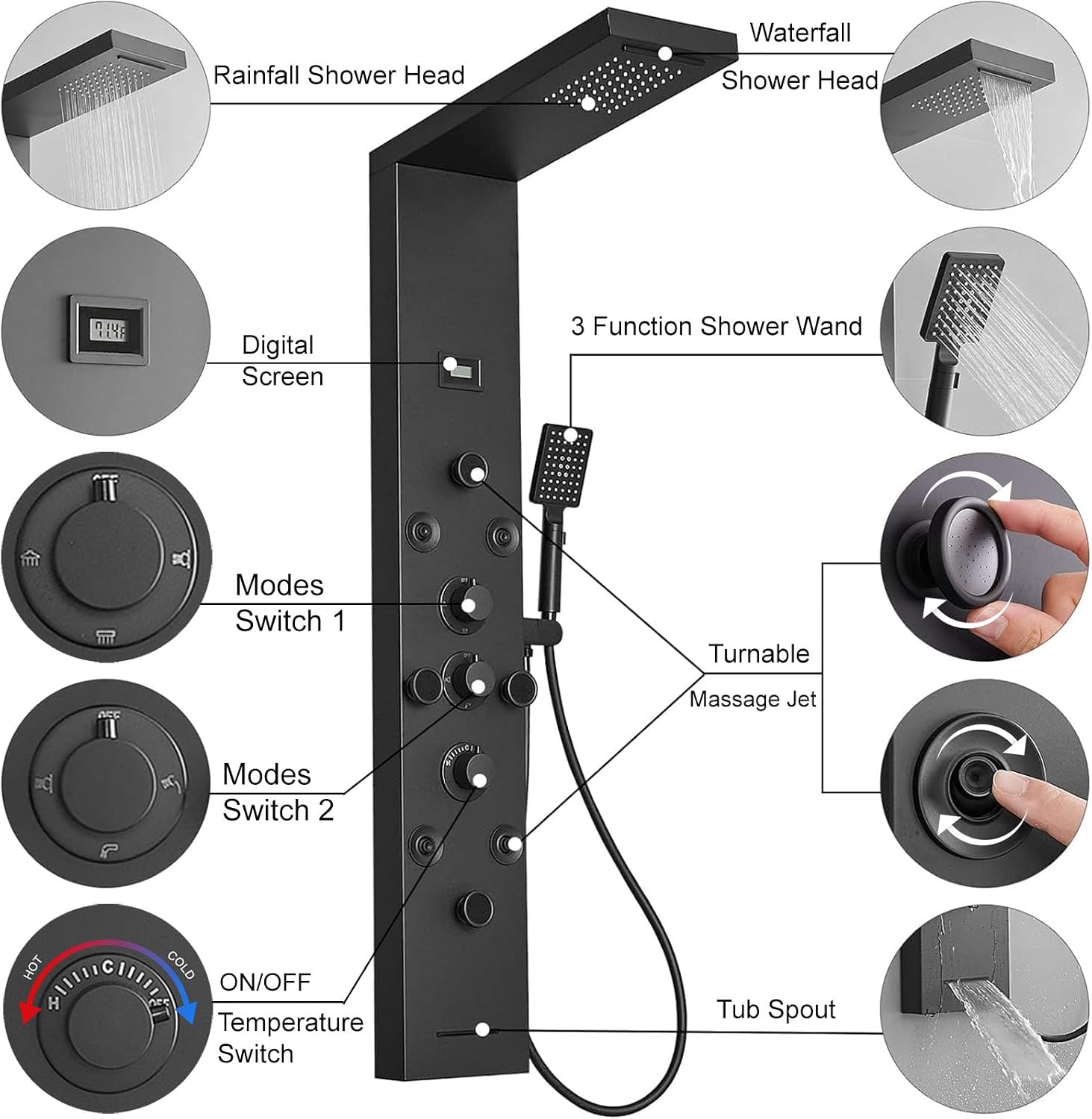 Shower Tower Bathroom Shower Panel System Rain Massage System 6 in 1, Matte Black