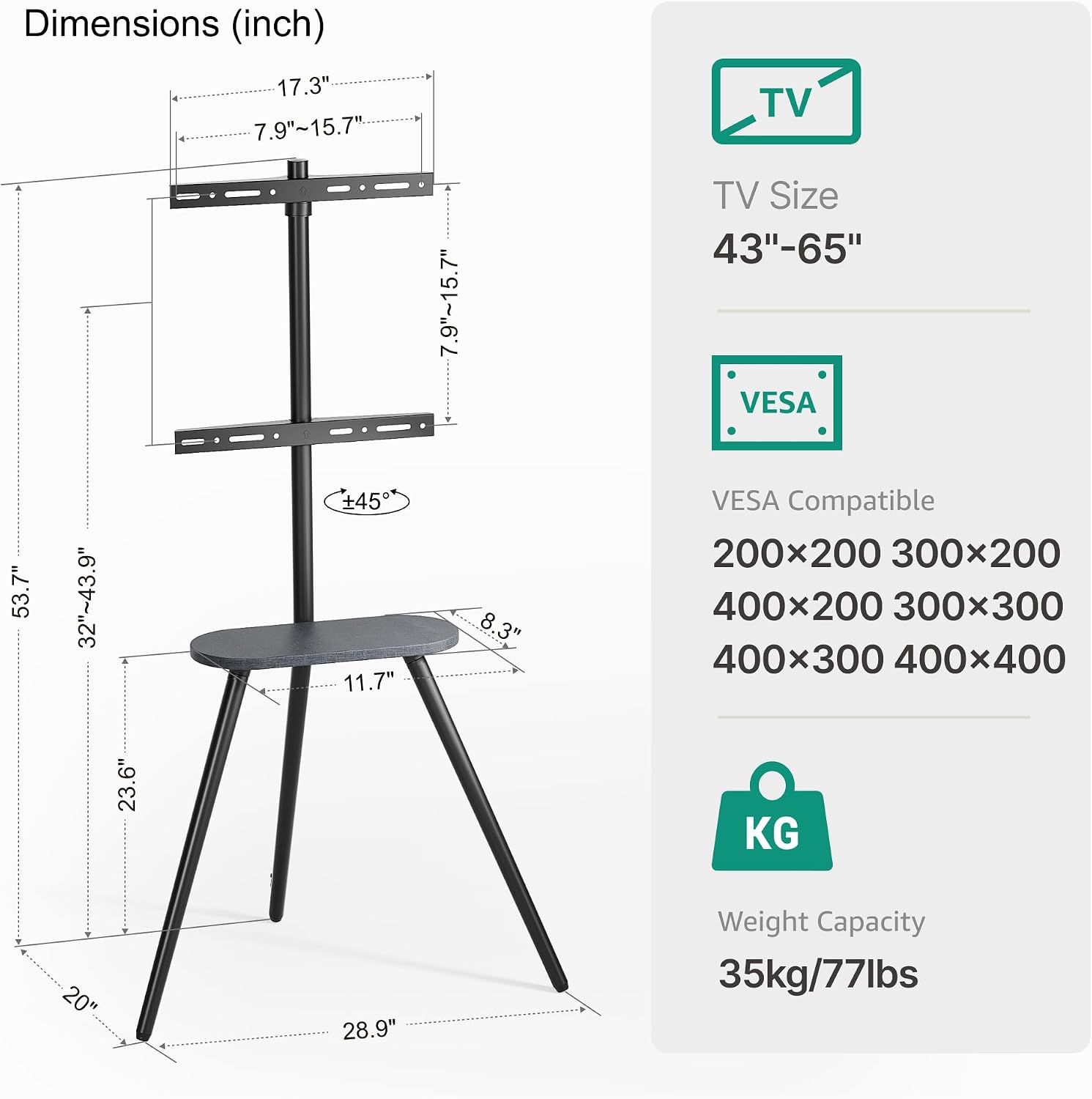 Metal Tripod TV Stand for 43-65" TVs,