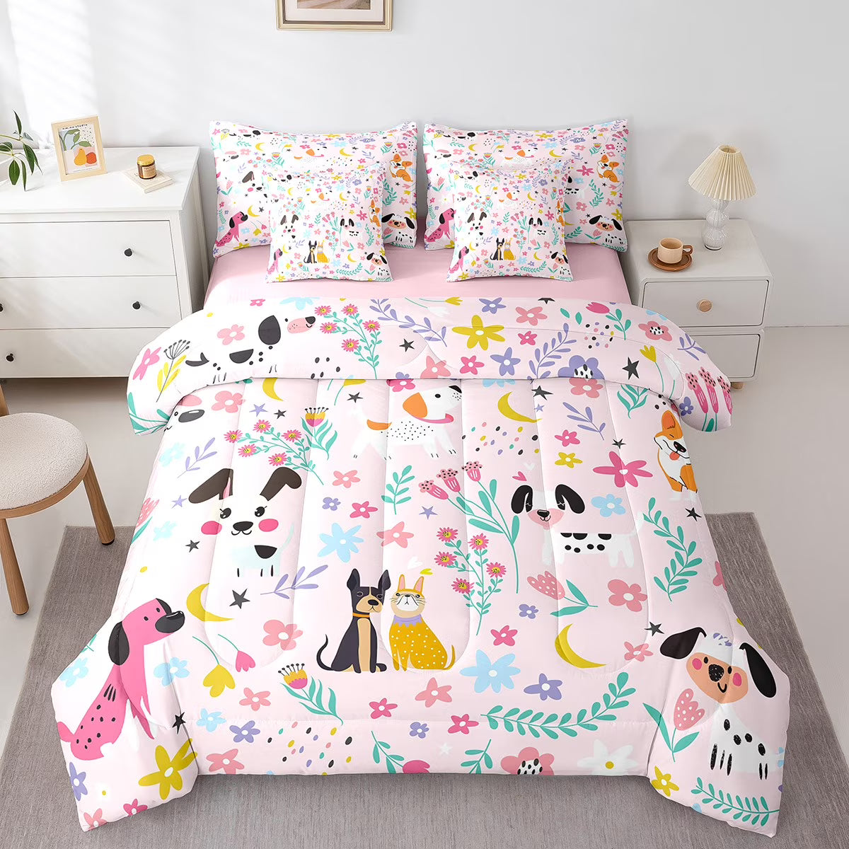 Erosebridal Cartoon Dog Bed, 7 Piece Rainbow Flower Botanical Leaves Bed Sheets, Pink