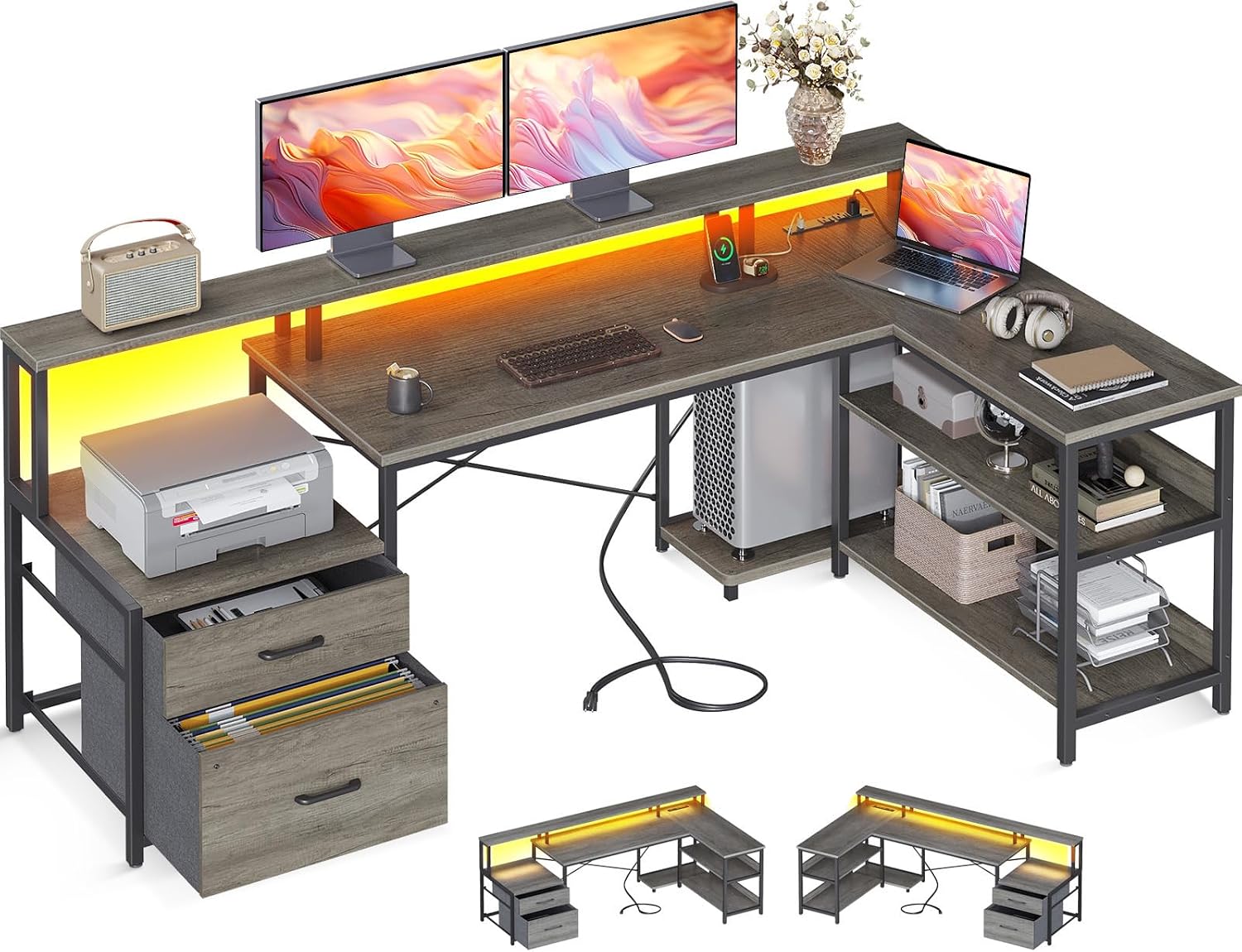 ODK L Shaped Desk with File Drawer, 66" Reversible L Shaped Computer Desk, Light Gray
