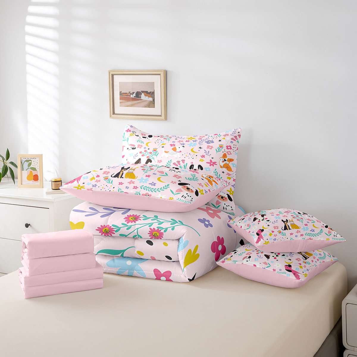Erosebridal Cartoon Dog Bed, 7 Piece Rainbow Flower Botanical Leaves Bed Sheets, Pink