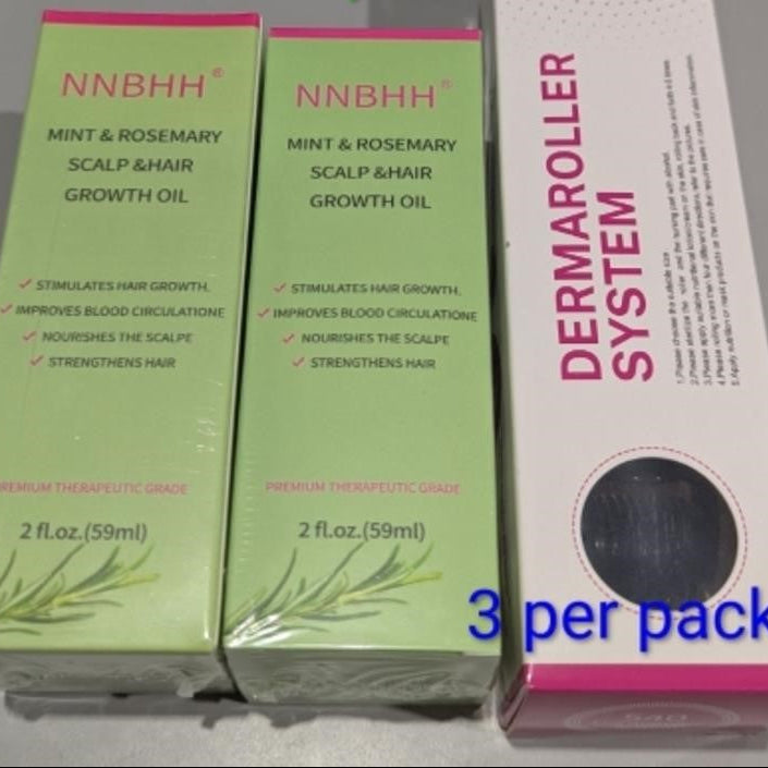 NNBHH Mint & Rosemary Scalp & Hair Growth Oil Bundle (2 Pack, 2 fl. oz.) with Dermaroller Microneedling System