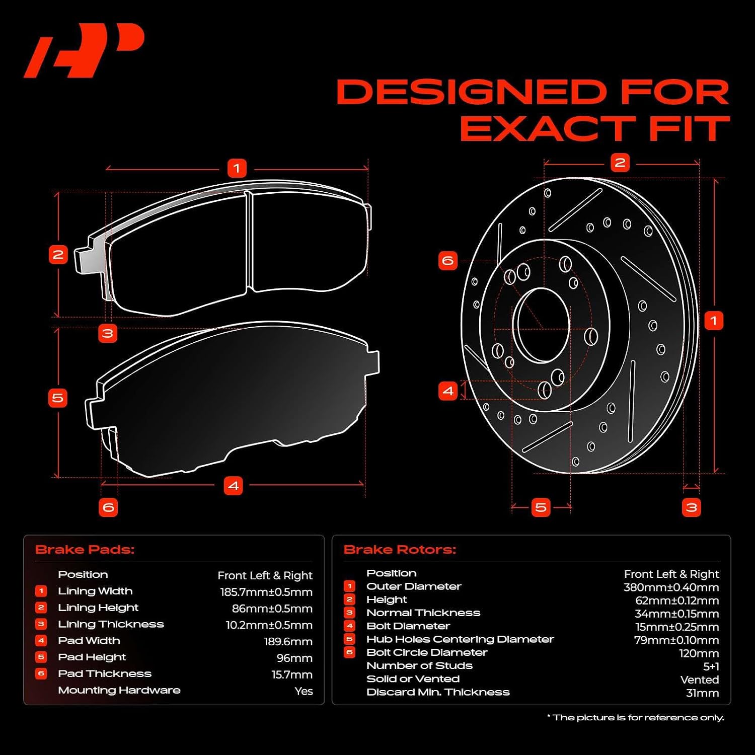 A-Premium 14.96 inch (380mm) Front Brake Rotors & Ceramic Pads Kit, 6-Pack