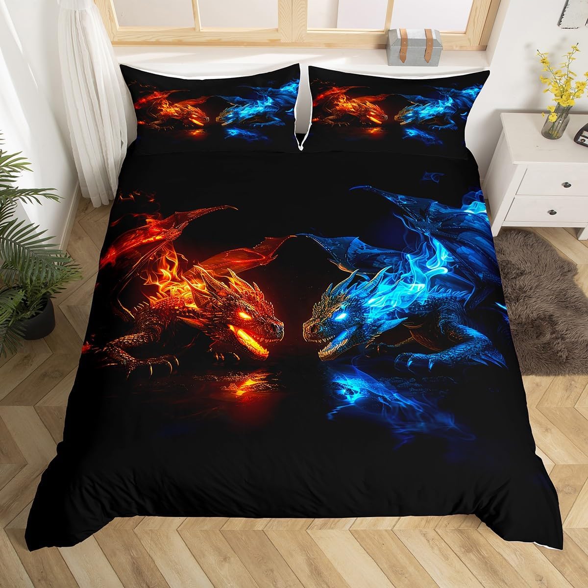 Feelyou Dragon Monster Bedding Set Queen Size, 3Pcs Zipper, Red Black Blue