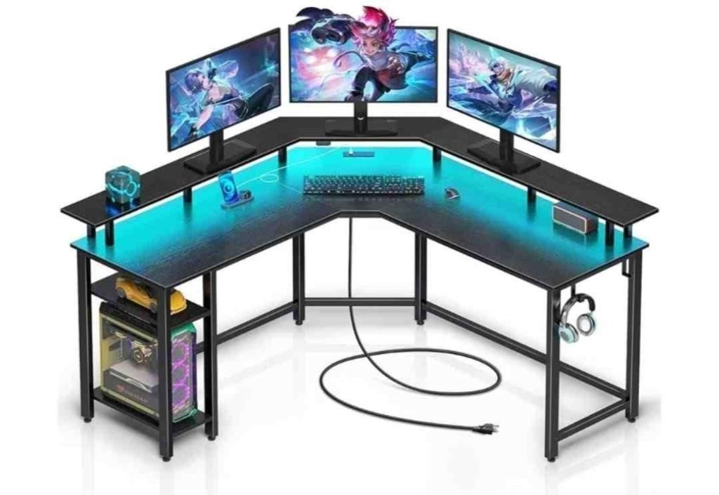 Rolanstar Computer Desk 53" with Power Outlets USB Ports & LED Strip,