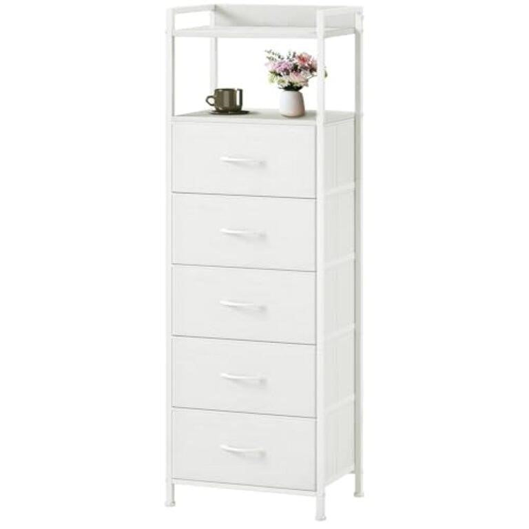 Dresser with 5 Fabric Drawers and 2-Tier Shelf, White, FD134C09