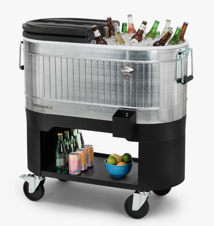 Permasteel 120-Qt Rolling Ice Chest, Portable Patio Party Bar Drink Cooler Cart with Wheels, Drink Dividers, Galvanized Steel