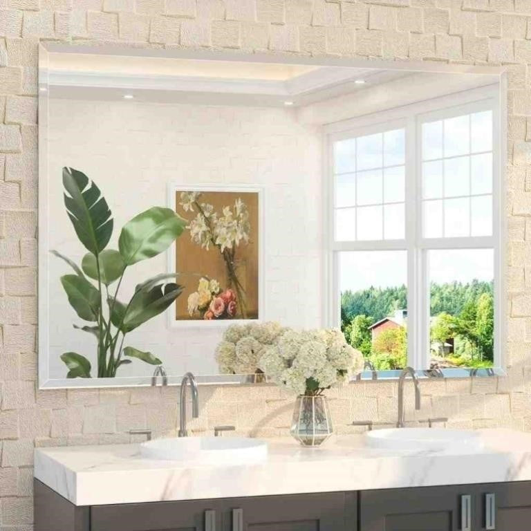 TETOTE 55 x 36 Inch Frameless Bathroom Mirror with Beveled Tempered Glass Rectangle