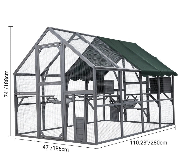 Weatherproof Wooden Outdoor Catio Cat Enclosure – 110 Inch GREY
