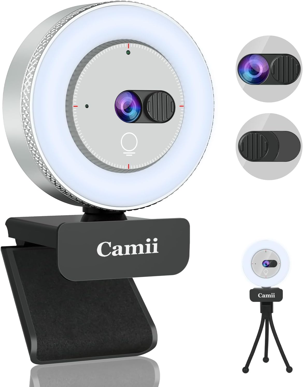 Camii 2K Webcam with Light, HD Webcam for PC with Built-in Privacy Cover