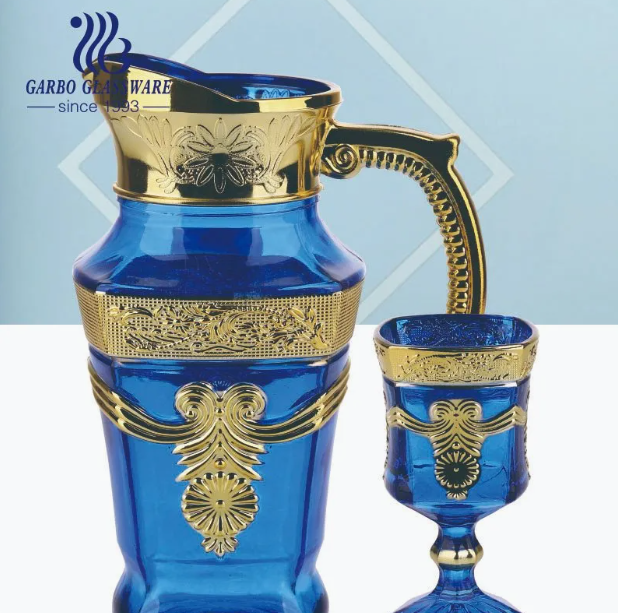 Middle East Electroplating Blue 7PCS Glass Jug and Goblet Drinking Glassware Set