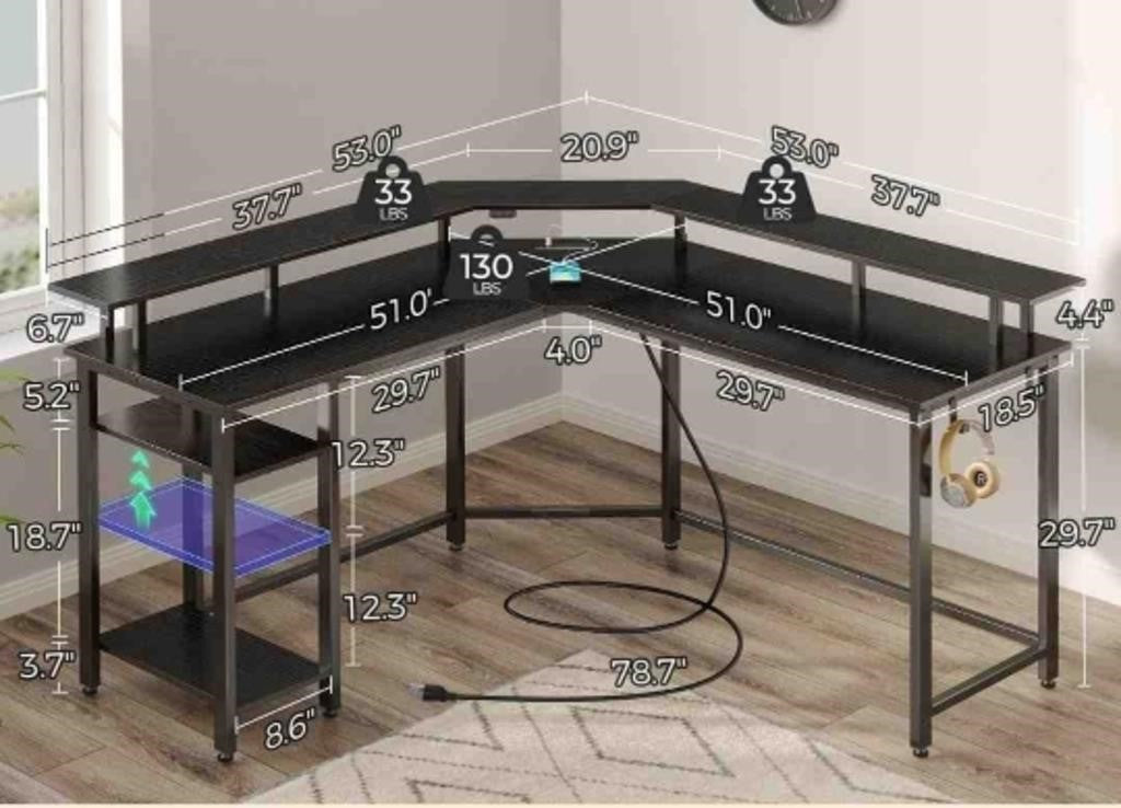 Rolanstar Computer Desk 53" with Power Outlets USB Ports & LED Strip,