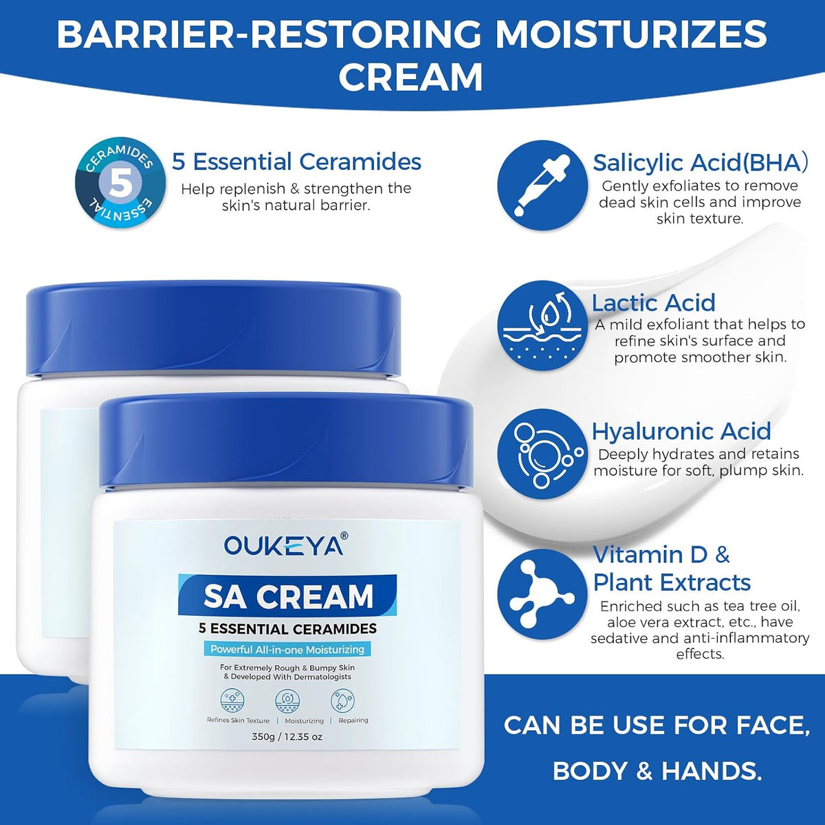 OUKEYA SA Cream for Dry Skin, with 5 Kinds of Ceramides & Salicylic Acid Exfoliating Body Lotion