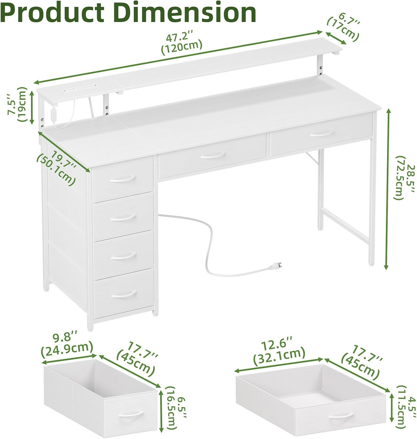 Somdot 47.2" Computer Desk with 6 Drawers, Small Home Office Desk, White
