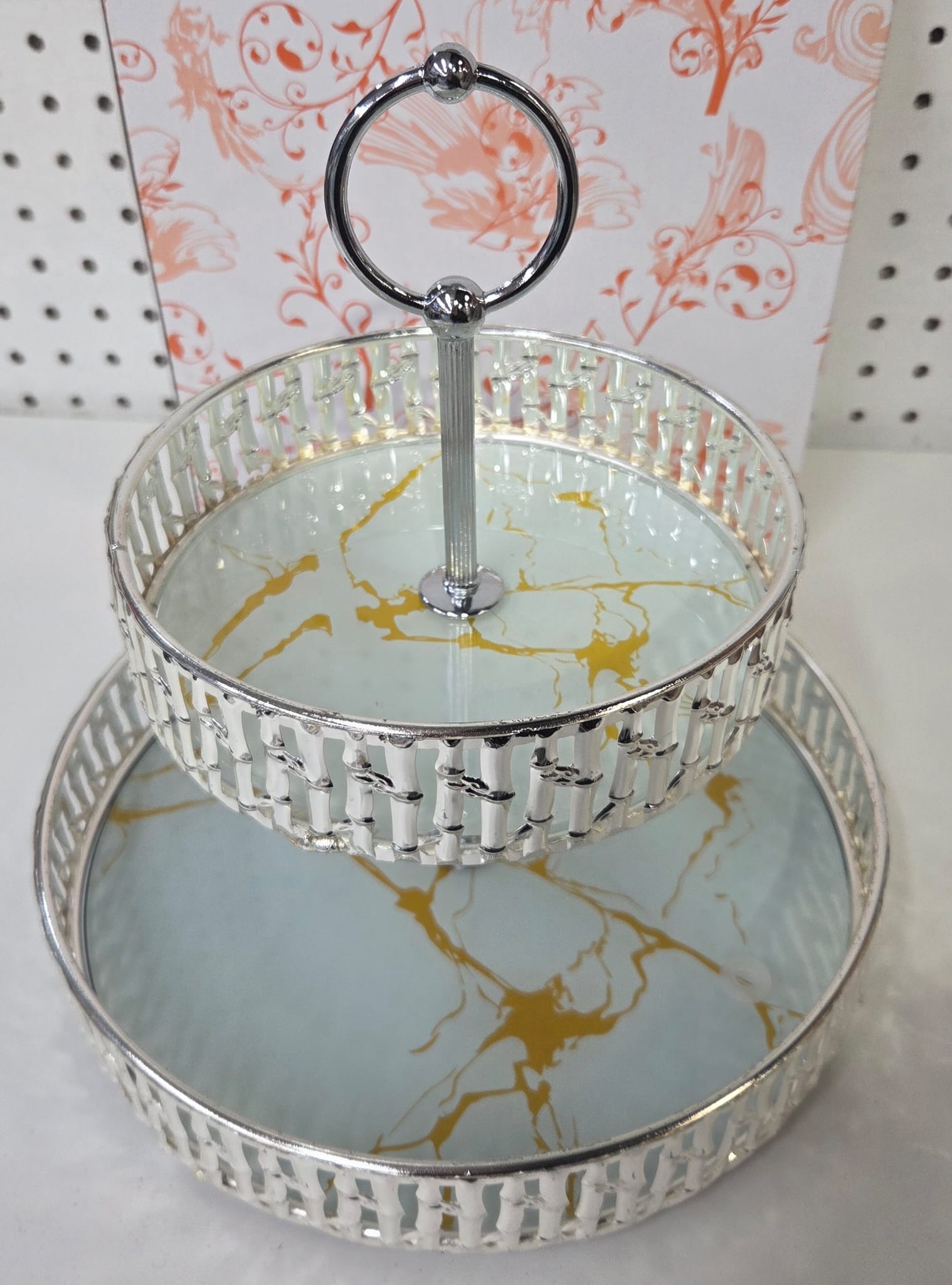 Round Decorative Tray White & Silver