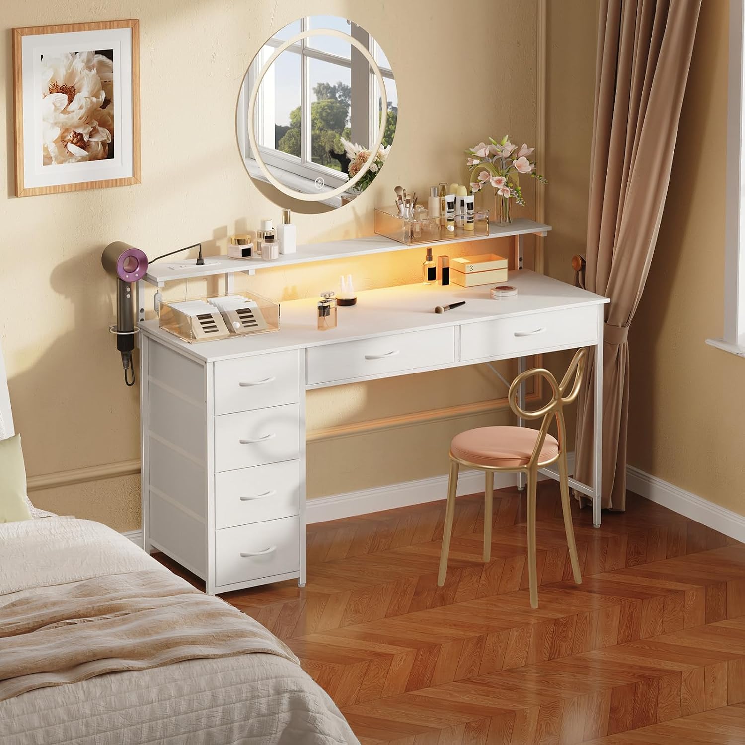 Somdot 47.2" Computer Desk with 6 Drawers, Small Home Office Desk, White