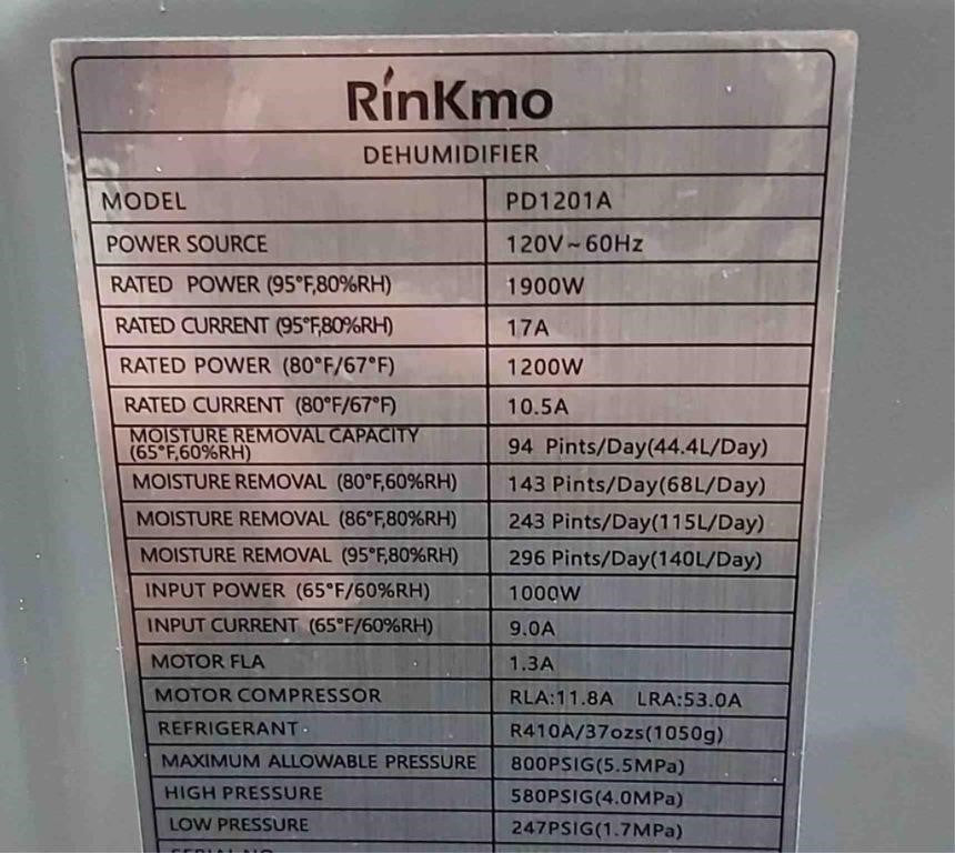 RINKMO 296 Pint Commercial Dehumidifier 37 Gallons, Max 1900W, PD1201A, White/Grey