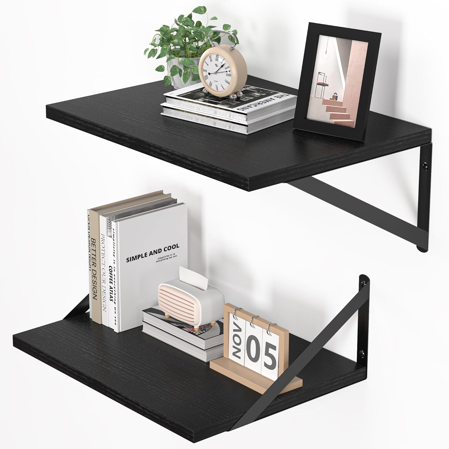 Heimlove Deep Floating Shelves, Wood Wall Shelves, Set of 2, 16"Wx12" D, Black