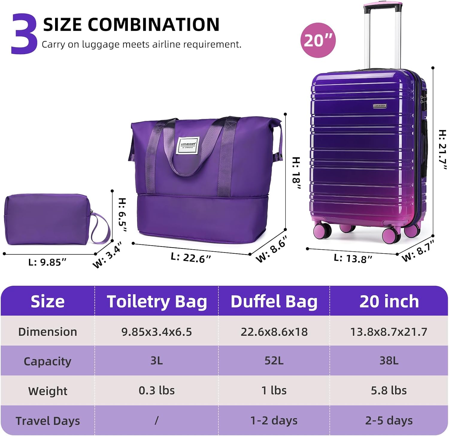 LARVENDER Carry on Luggage Sets 3 Piece,