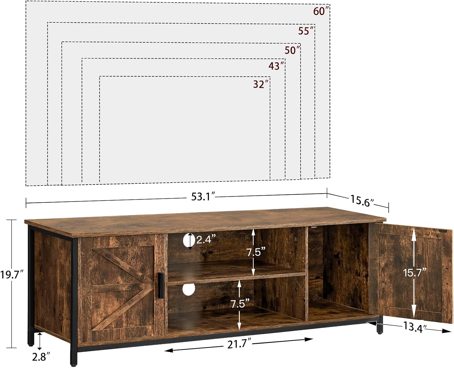 FIONESO Farmhouse TV Stand for up to 60 Inch TV,  Rustic Brown