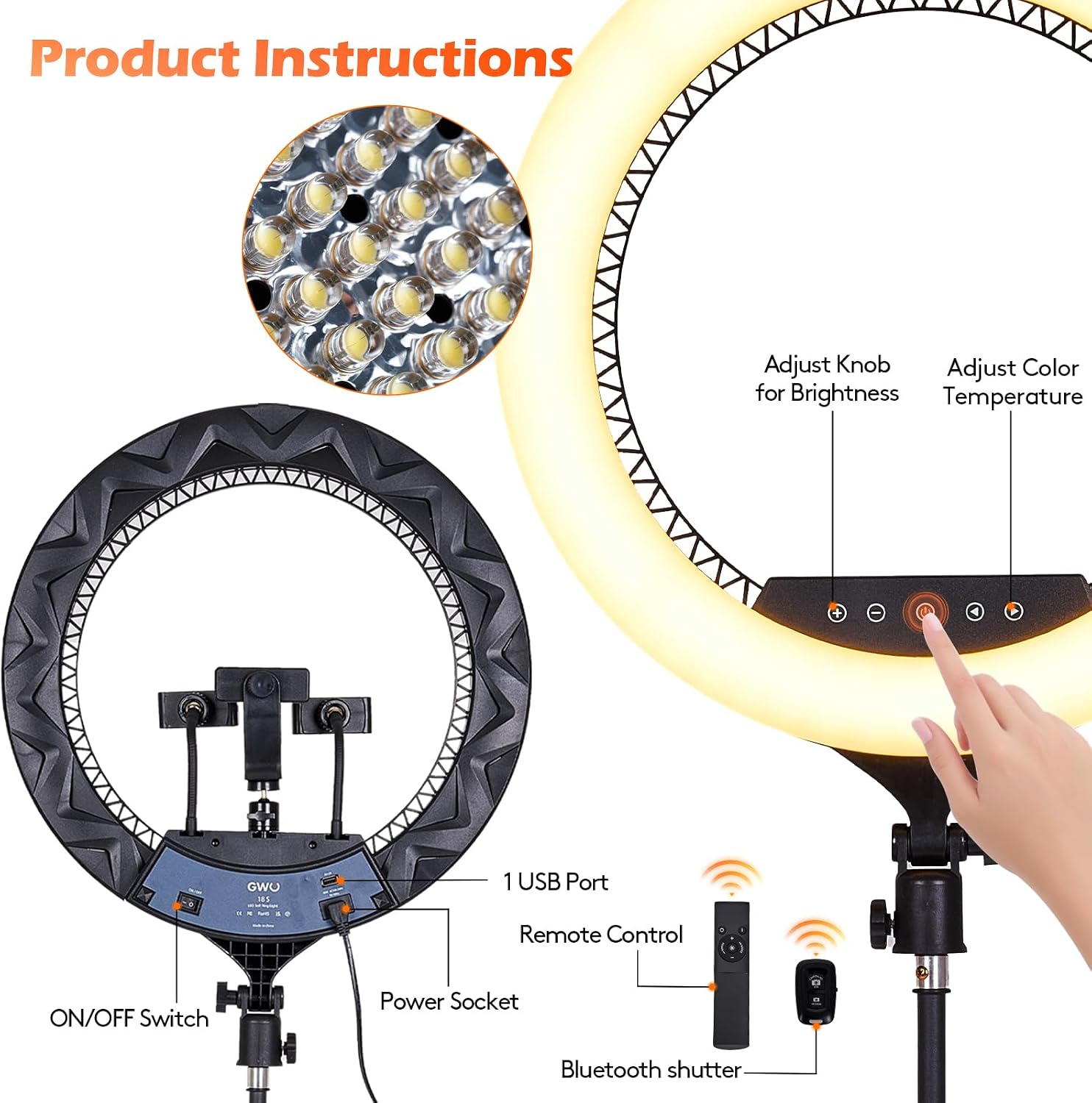 GWO 18" LED Ring Light with Tripod Stand 6000K