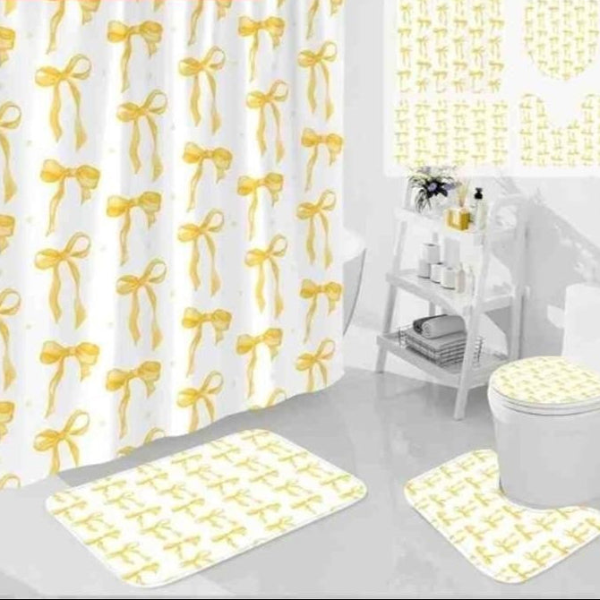 Litabel 4Pcs Cute Yellow Bow Shower Curtain Sets with Rug,